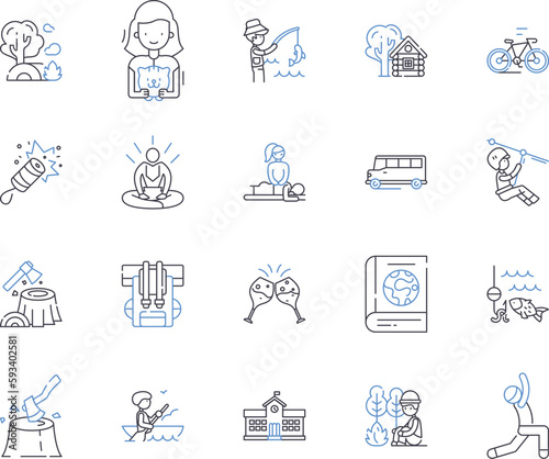 Recreational pursuits outline icons collection. Hobby, Sport, Games, Camping, Fishing, Hiking, Skiing vector and illustration concept set. Boating, Surfing, Swimming linear signs