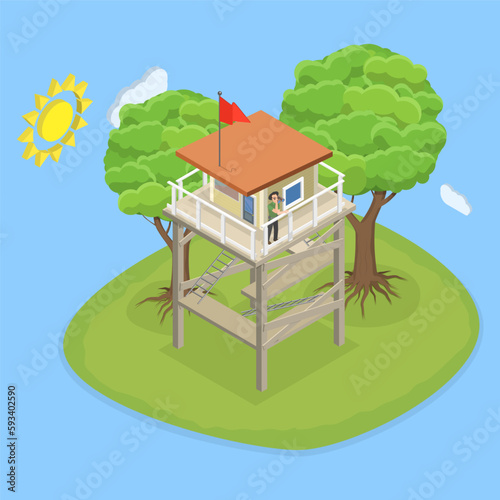 3D Isometric Flat Vector Conceptual Illustration of Fire Watch Tower, Military Camp Post
