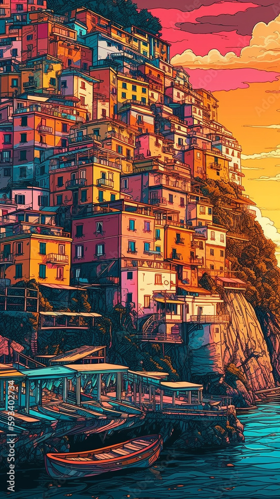 Colorized City Sunset Painting