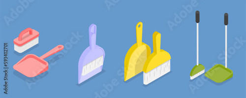 3D Isometric Flat Vector Set of Household Tools, Cleaning Equipment