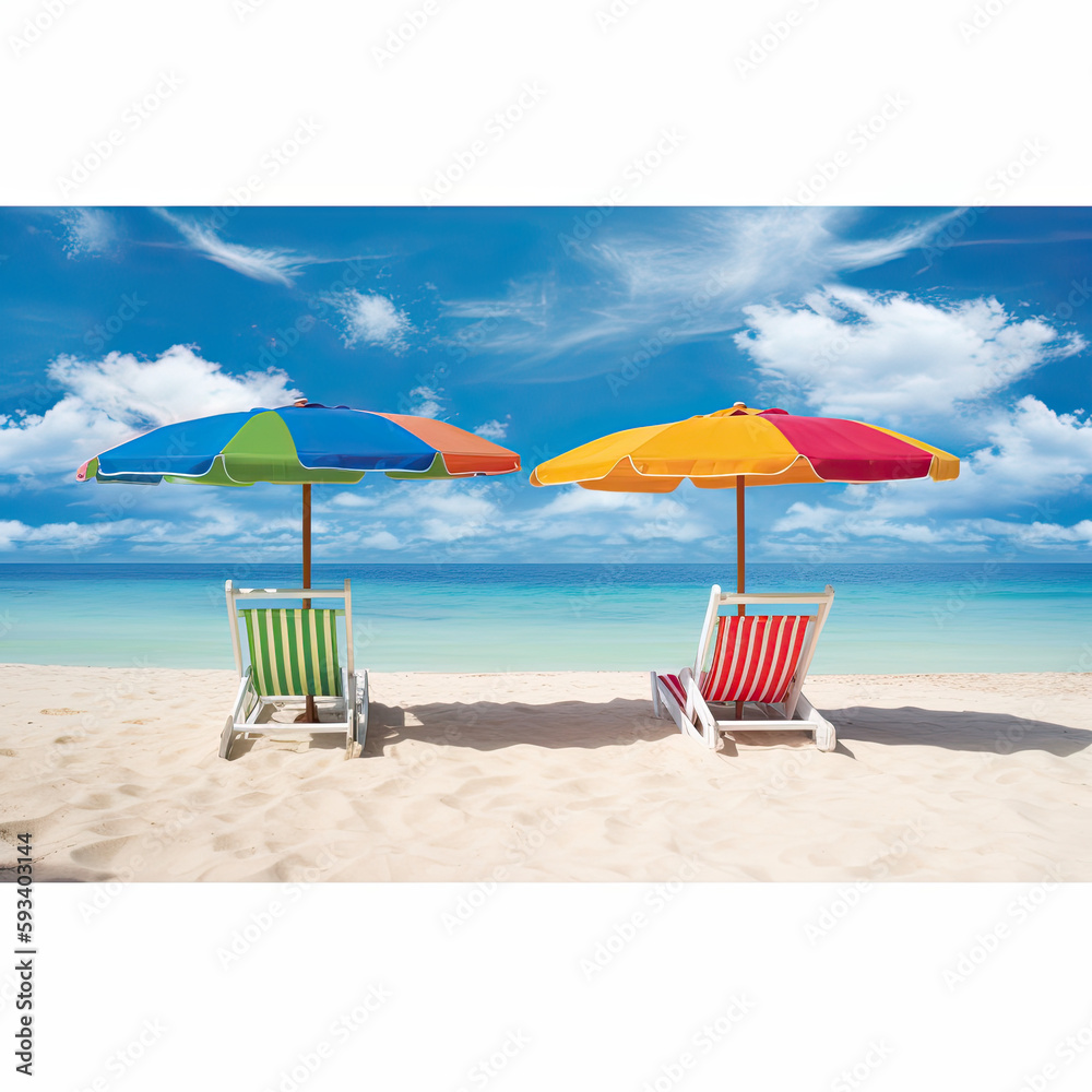 A stunning beach banner pristine white sand beach, blue sky, white clouds, complete with comfortable chairs and a colorful umbrella, creating an inviting atmosphere for travel and tourism. A stunning beach banner pristine white sand beach, blue sky, white clouds, complete with comfortable chairs and a colorful umbrella, creating an inviting atmosphere for travel and tourism.