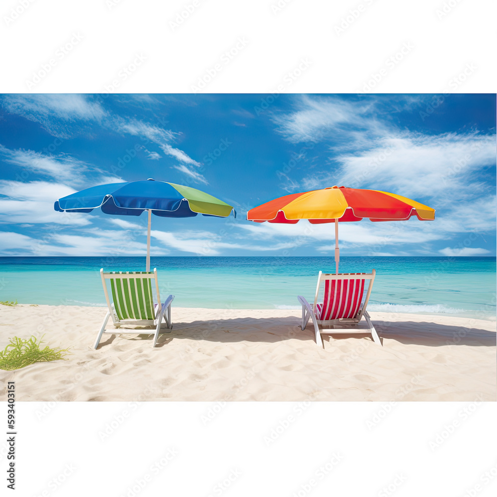 A stunning beach banner featuring a pristine white sand beach, complete with comfortable chairs and a colorful umbrella, creating an inviting atmosphere for travel and tourism.