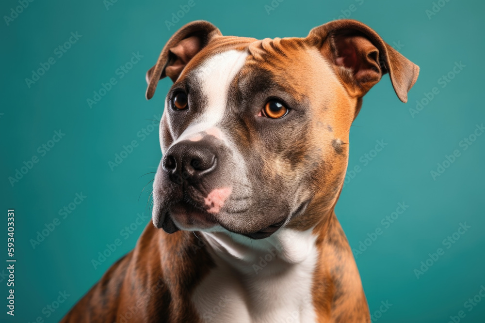 Strong and Friendly AmStaff. Affectionate American Staffordshire Terrier isolated on green pastel background with copy space. AI Generative