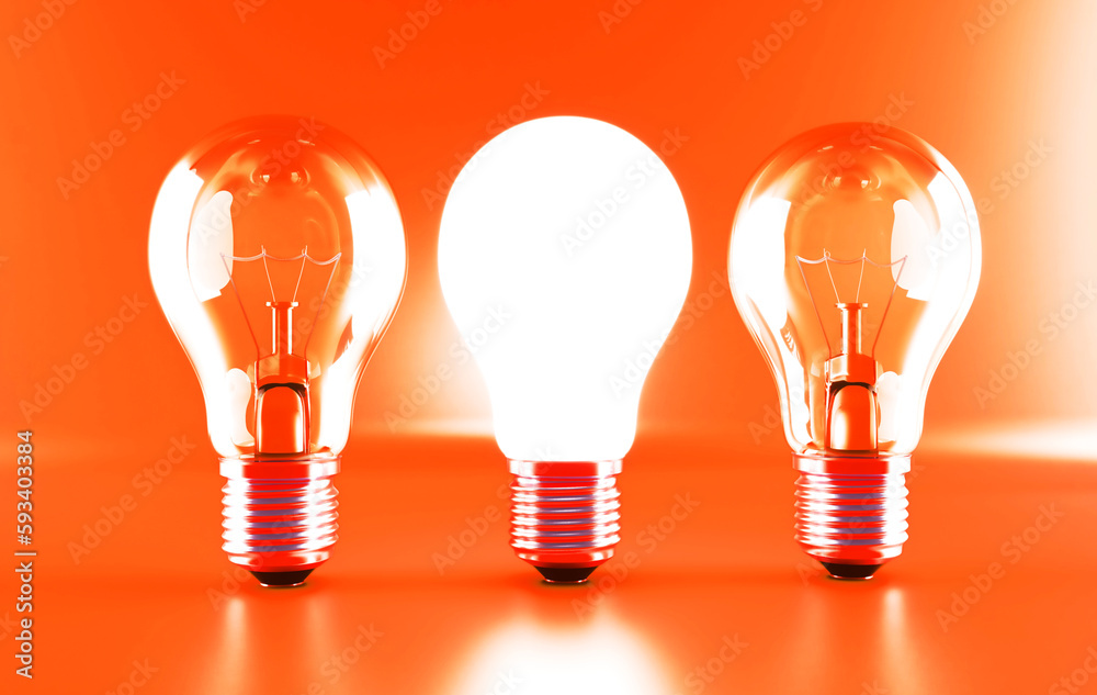 Bulb lamps on orange background. Row of light bulbs on orange background. 3d rendering.