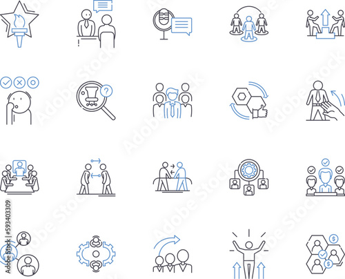 Staff members outline icons collection. Employees, Personnel, Associates, Colleagues, Investigators, Staffers, Workers vector and illustration concept set. Professionals, Operatives, Executives linear