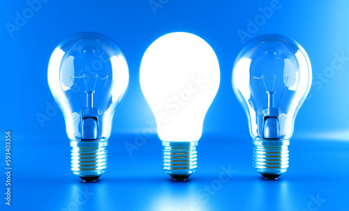 Bulb lamps on blue background. Row of light bulbs on blue background. 3d rendering.