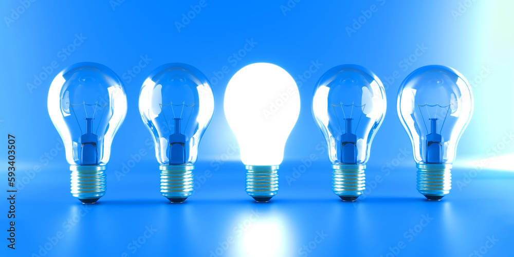 Bulb lamps on blue background. Row of light bulbs on blue background. 3d rendering. Bulb lamps on blue background. Row of light bulbs on blue background. 3d rendering.