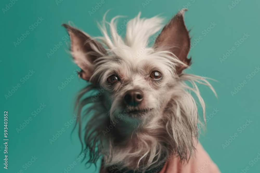 Unique and distinctive Chinese Crested Dog posing on green pastel background with space for text. Copy space. Pet concept AI Generative