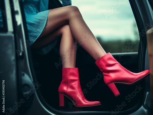 Beautiful female legs in red boots playfully peek out of the open car door, close-up. Generative AI