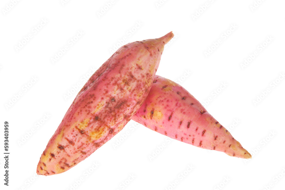 Ripe sweet potatoes on a white background