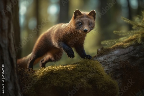 Portrait of a weasel jumping in the forest