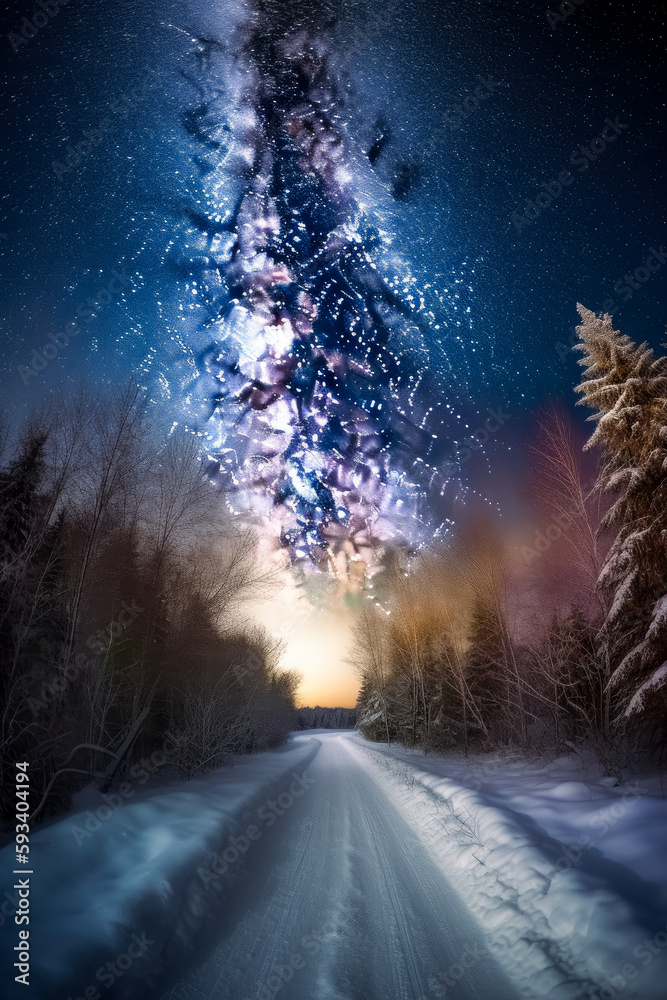 The milky over-the-snow road, style of Norwegian nature, dark sky-blue, and light magenta. Generative Ai.
