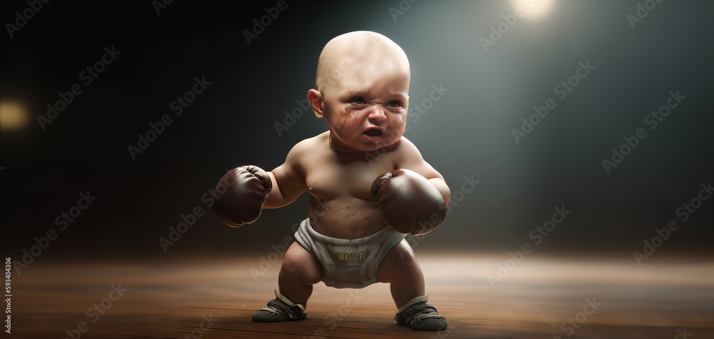 Generative AI,  Boxing Baby with gloves and a diaper. Baby Brawler, The Diapered Champion of the Ring. - obrazy, fototapety, plakaty 