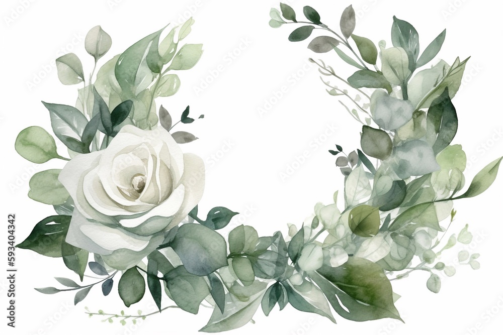 wreath of white roses watercolor isolated on white