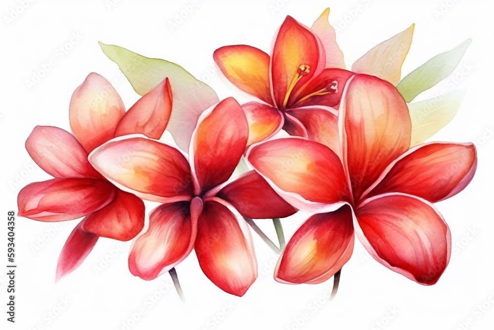 red frangipani flower watercolor isolated on white