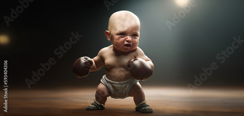 Generative AI,  Boxing Baby with gloves and a diaper. Baby Brawler, The Diapered Champion of the Ring. photo
