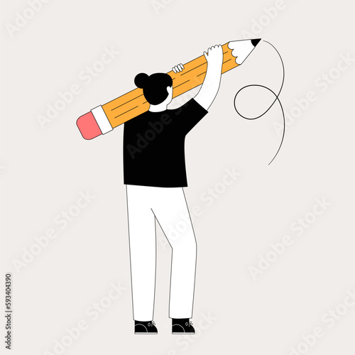 Cartoon young woman writing with a large pencil. Student holding pen.  Flat vector illustration. Education, creating concept.