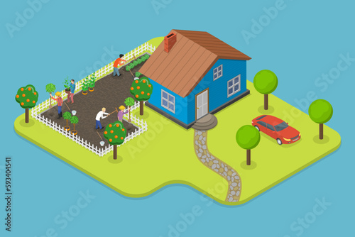 3D Isometric Flat Vector Conceptual Illustration of Backyard Garden, Growing Plants