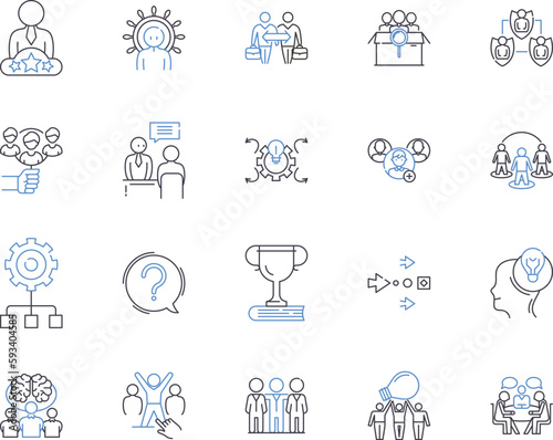 Team management outline icons collection. Teamwork, Cooperation, Organization, Leadership, Planning, Processes, Communication vector and illustration concept set. Delegation, Coordination