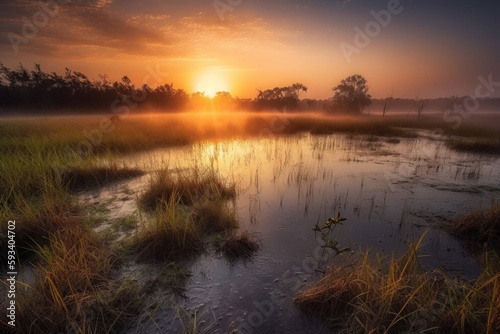 sunrise over the lake and meadow