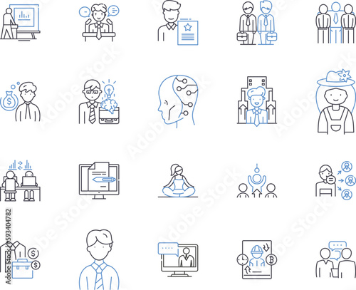 Office job outline icons collection. Office, Job, Administrative, Clerk, Manager, Secretary, Assistant vector and illustration concept set. Human, Resources, Analyst linear signs