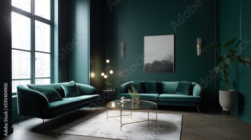 A modern living room in a minimalist millenium crib, high ceiling and filled with This midnight green