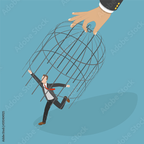 3D Isometric Flat Vector Conceptual Illustration of Catching A Fugitive, Giant Hand Capturing a Running Businessman with Birdcage