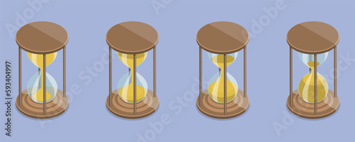 3D Isometric Flat Vector Set of Hourglasses, Falling Sand Particles in Transparent Flasks