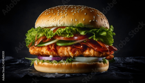 hamburger on a black background. Simple, creative illustration, ad, banner, poster, burger, tasty.