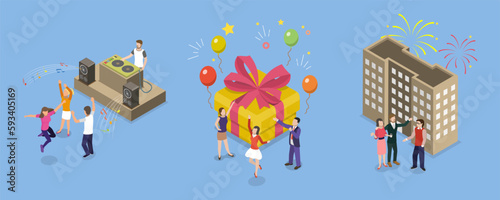 3D Isometric Flat Vector Set of Hanging Out People, Cheerful Friends Having Fun