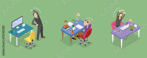 3D Isometric Flat Vector Conceptual Illustration of Exercises In Office, Stretch to Relieve Neck Pain photo