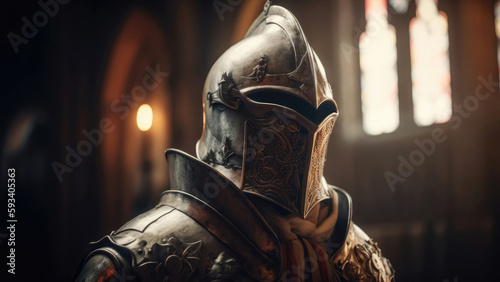 Fotografia Knight in armor, cathedral background, medieval, game, AI generated