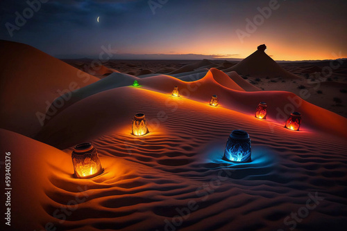 Mesmerizing Display of Colorful Candle Lighting in Sandy Desert for Spiritual and Mystical Concept in Travel and Adventure. Generative AI
