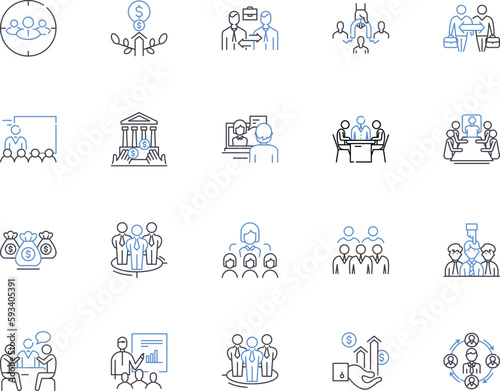 Staff and planning outline icons collection. Staffing, Planning, Organizing, Scheduling, Hiring, Assigning, Forecasting vector and illustration concept set. Allocating, Recruiting, Designing linear