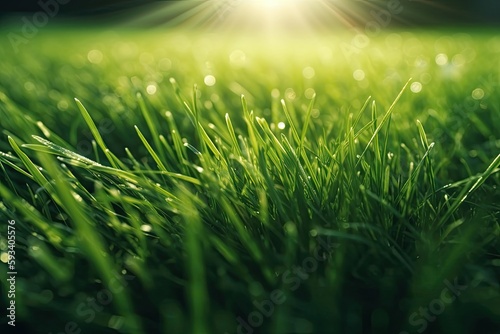 sunny field with blades of grass in close up and the sun shining brightly in the background. Generative AI
