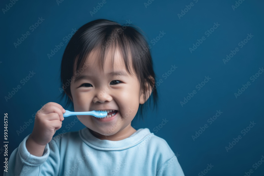 Clean Teeth, Happy Smile: Child brushing teeth isolated on pastel blue background with space for text. Copy space. Dental hygiene concept - AI Generative Clean Teeth, Happy Smile: Child brushing teeth isolated on pastel blue background with space for text. Copy space. Dental hygiene concept - AI Generative