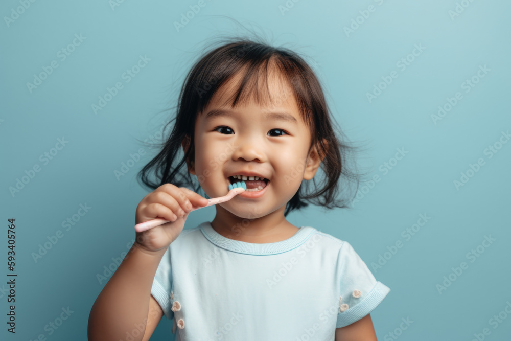 Healthy Habits Start Young: Kid brushing teeth isolated on pastel blue background with space for text. Copy space. Children's health concept - AI Generative Healthy Habits Start Young: Kid brushing teeth isolated on pastel blue background with space for text. Copy space. Children's health concept - AI Generative