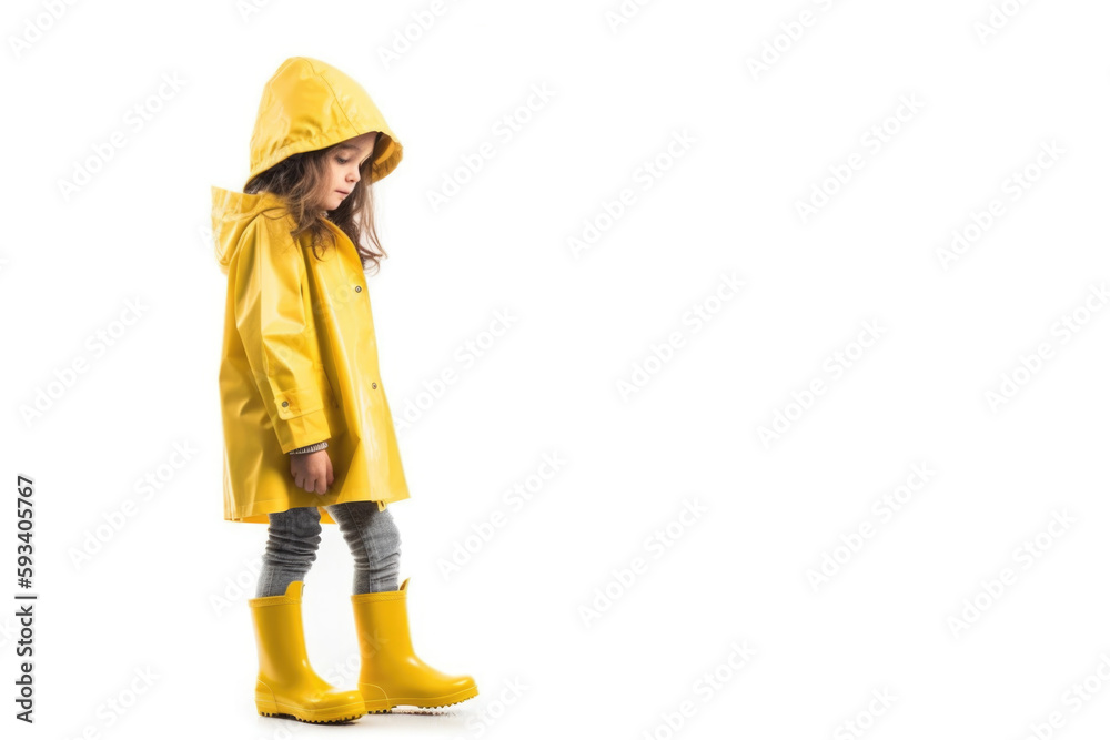 Rainy Day Adventures. Smiling child in yellow raincoat and boots isolated on white background with copy space. Childhood concept AI Generative Rainy Day Adventures. Smiling child in yellow raincoat and boots isolated on white background with copy space. Childhood concept AI Generative