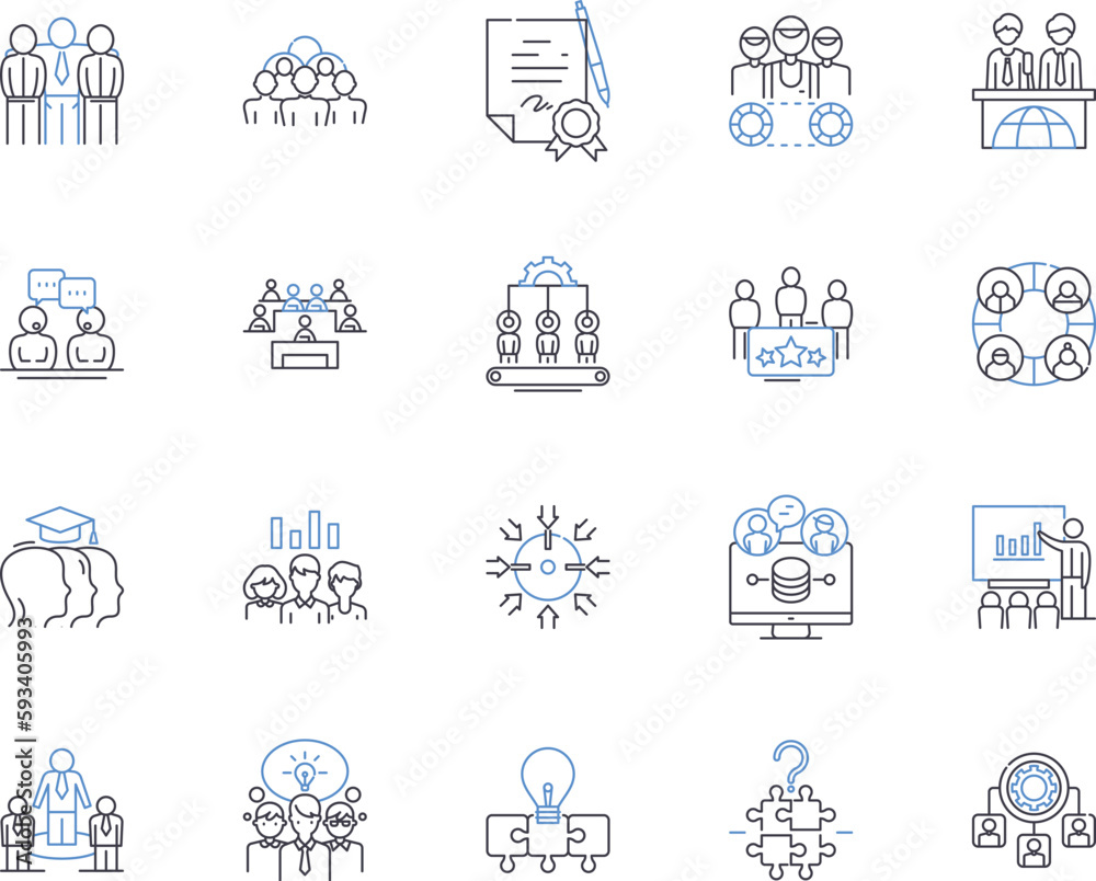 Meeting agenda outline icons collection. Agenda, Meeting, Attendees, Topics, Goals, Time, Minutes vector and illustration concept set. Discussion, Plan, Decisions linear signs