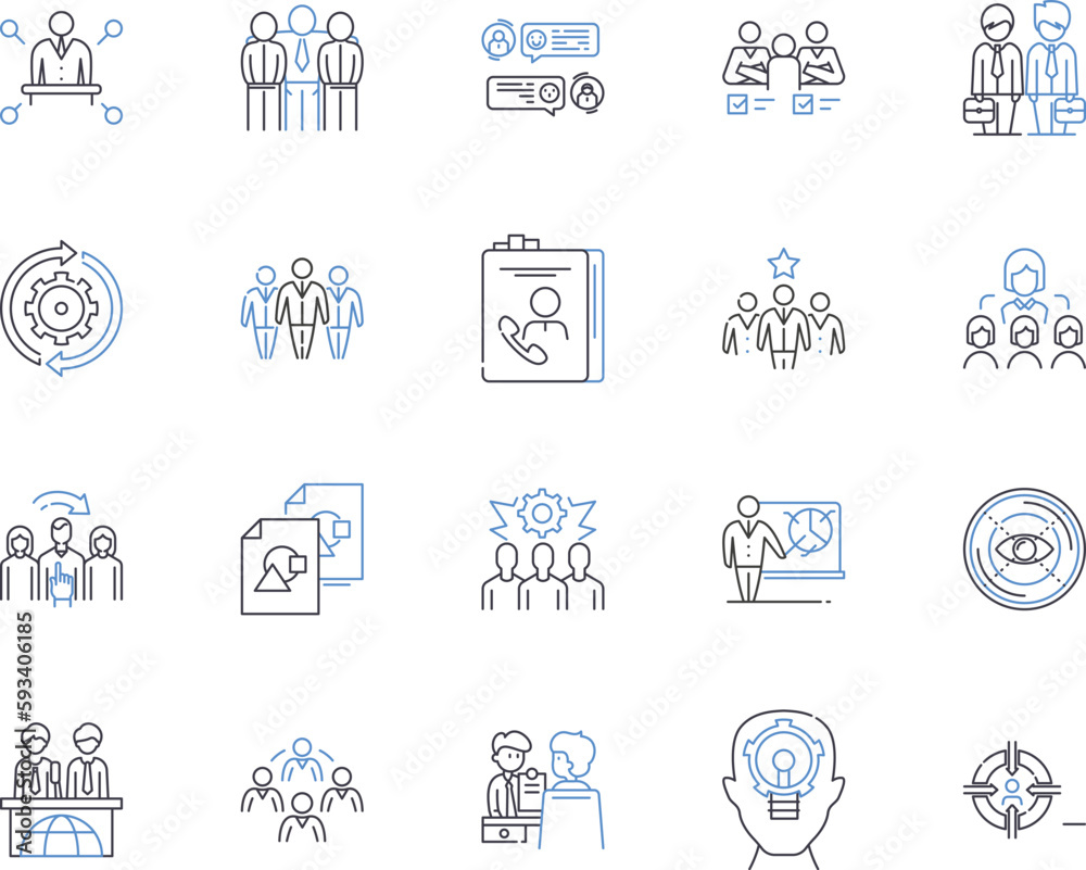 Management worshop outline icons collection. Management, Workshop, Training, School, Seminar, Course, Leadership vector and illustration concept set. Strategy, Coaching, Productivity linear signs