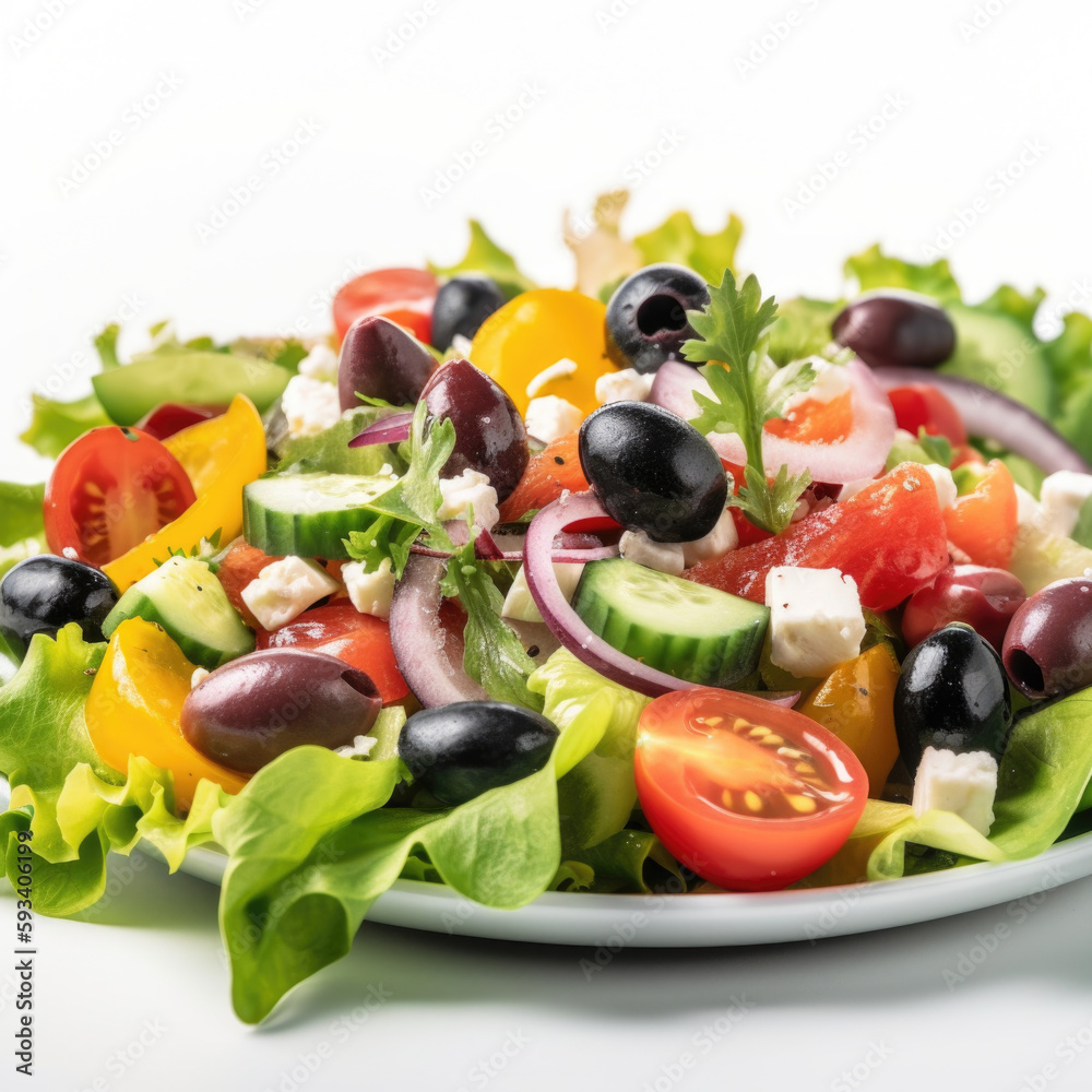 The Mediterranean Cuisine. Flavors of a freshly made Greek salad, packed with healthy vegetables, feta cheese, olives, cucumber, tomato.  Vegetarian and diet-friendly concept. Copy Space AI Generative