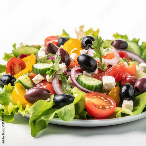 The Mediterranean Cuisine. Flavors of a freshly made Greek salad, packed with healthy vegetables, feta cheese, olives, cucumber, tomato. Vegetarian and diet-friendly concept. Copy Space AI Generative