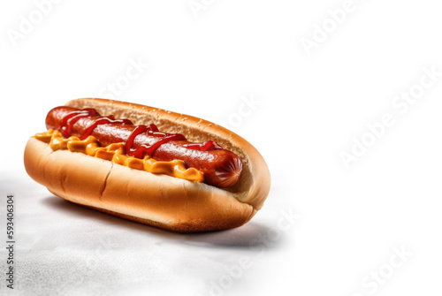 Classic American Snack. Enjoy a freshly hot dog with ketchup and mustard, isolated on a white background. Fast food and snack concept. Copy Space. AI Generative
