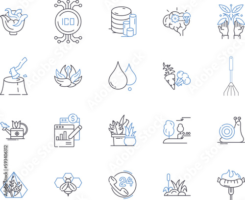 Farming production outline icons collection. Agriculture, Cultivation, Crops, Harvesting, Sowing, Yield, Livestock vector and illustration concept set. Irrigation, Fertilization, Agricultural linear