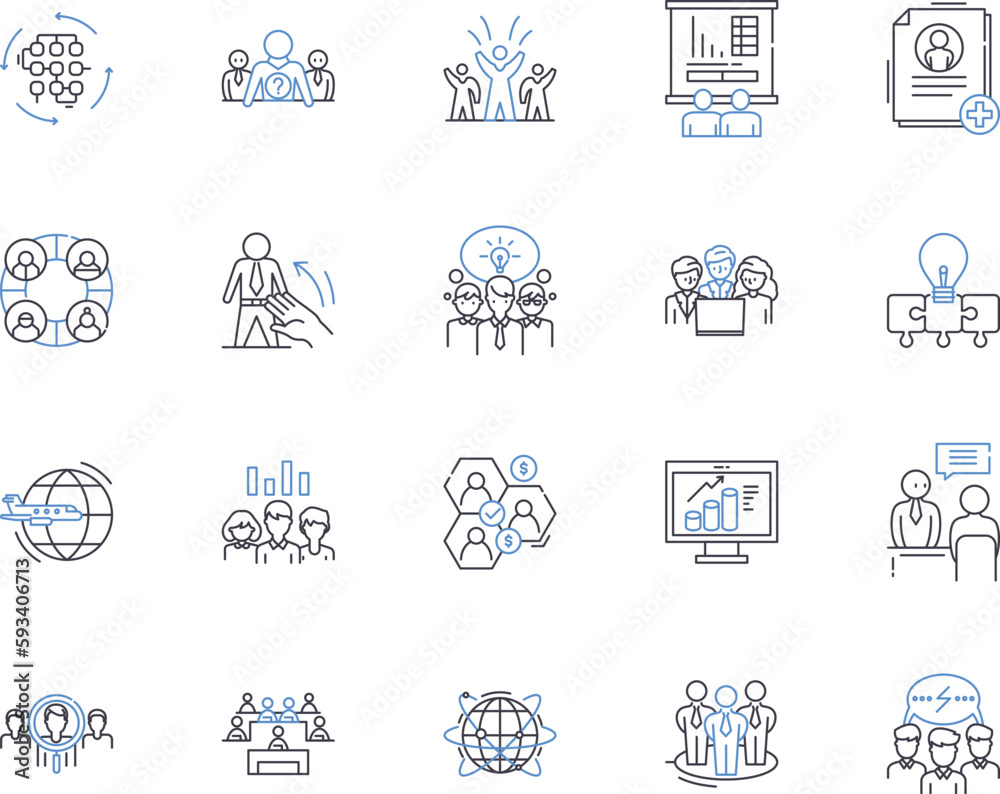 Meeting and collaboration outline icons collection. Coordinating, Collaborating, Connecting, Convening, Discussing, Networking, Assembling vector and illustration concept set. Communicating, Combining