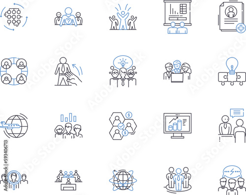 Meeting and collaboration outline icons collection. Coordinating  Collaborating  Connecting  Convening  Discussing  Networking  Assembling vector and illustration concept set. Communicating  Combining