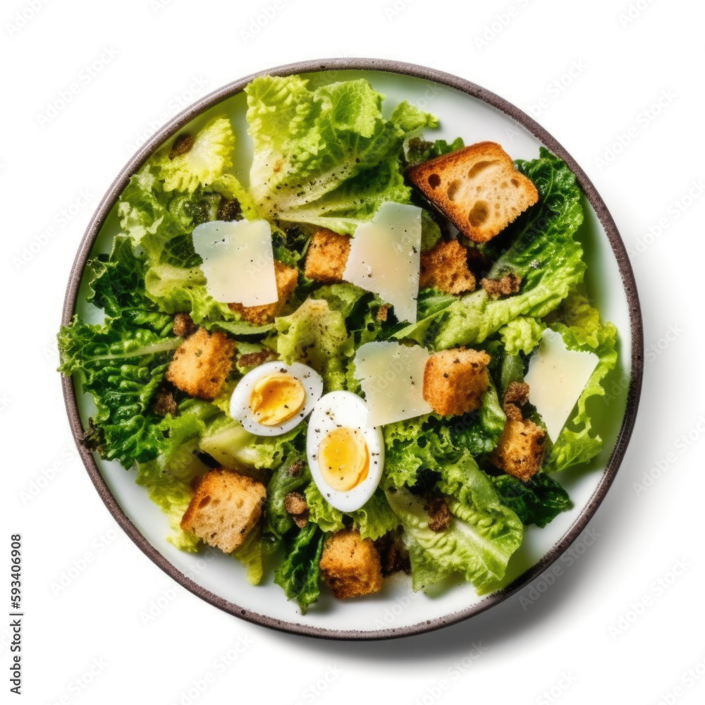 Fresh and Healthy greek cuisine.Top view shot of Caesar salad on white background. Copy space. Food concept AI Generative Fresh and Healthy greek cuisine.Top view shot of Caesar salad on white background. Copy space. Food concept AI Generative
