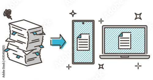 Data conversion of a pile of office documents with a smartphone and PC [Vector illustration material].