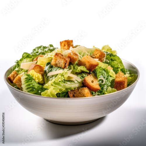 Fresh and Healthy greek cuisine. Close-up shot of Caesar salad on white background. Copy space. Food concept AI Generative