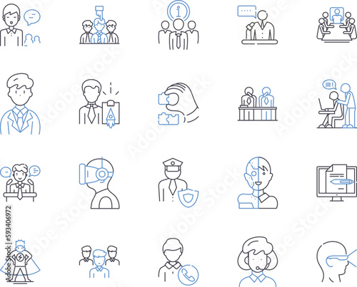 Office occupation outline icons collection. Clerk  Receptionist  Manager  Typist  Administrator  Accountant  Analyst vector and illustration concept set. Supervisor  Consultant  Secretary linear signs